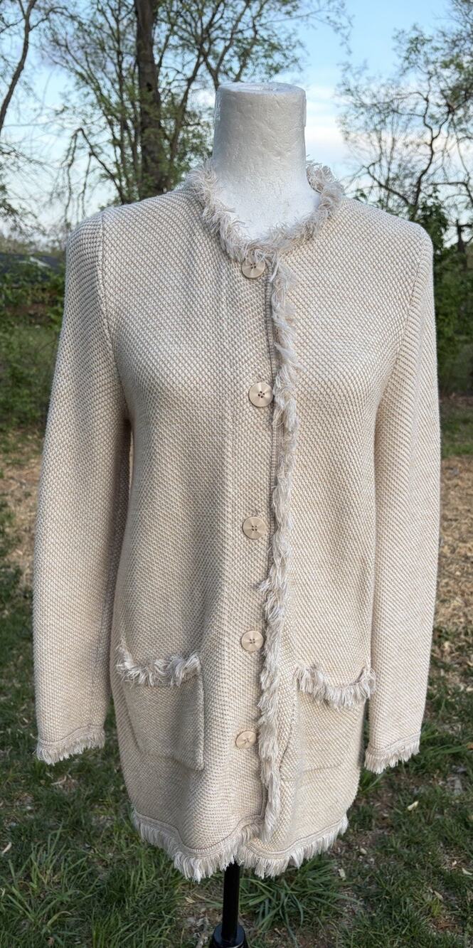 J McLaughlin Cardigan Oatmeal Fringed Button Up Textured Sweater Coat Small